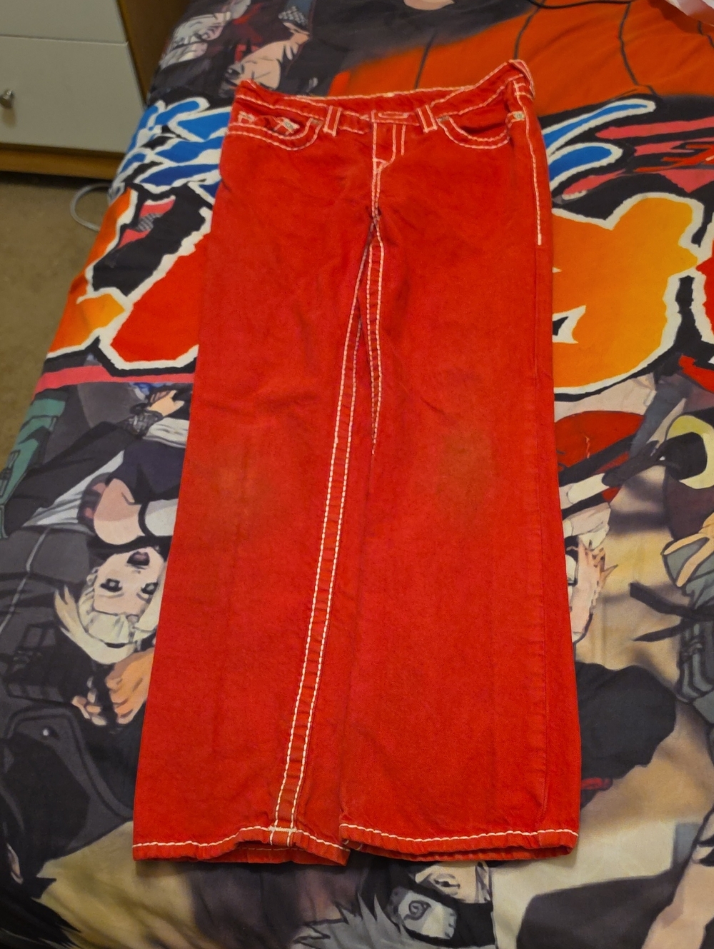 True Religion Red Wide-Leg Jeans with White Contrast Stitching